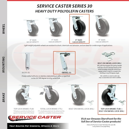 Service Caster 6 Inch Polyolefin Caster Set with Ball Bearings 4 Brake 2 Swivel Lock SCC SCC-30CS620-POB-TLB-BSL-2-TLB-2